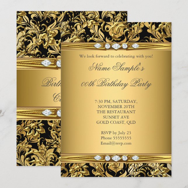 Invitación Elegante Relieve metalizado dorado Damask Black Di (Anverso / Reverso)