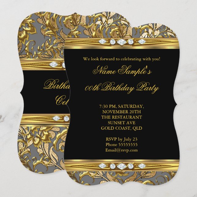 Invitación Elegante Relieve metalizado dorado Damask Black Di (Anverso / Reverso)