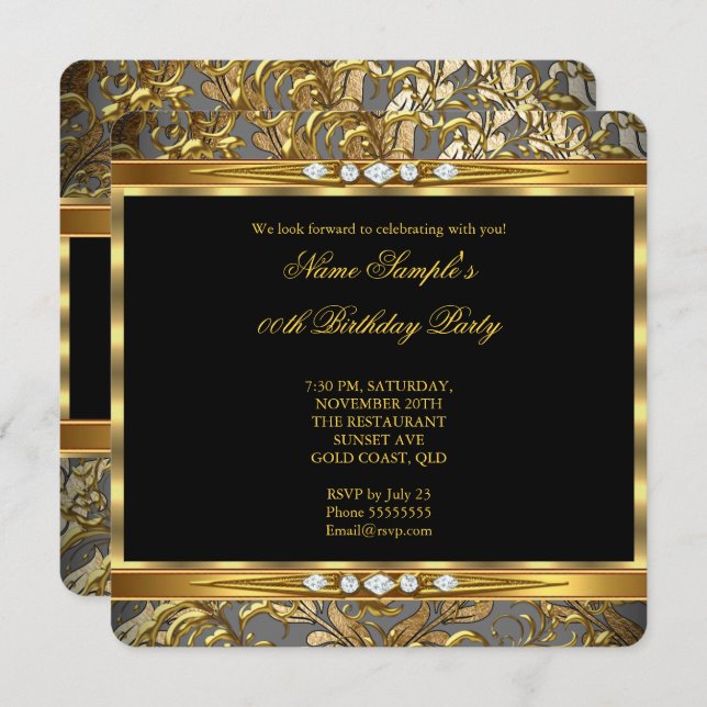 Invitación Elegante Relieve metalizado dorado Damask Black Di (Anverso / Reverso)