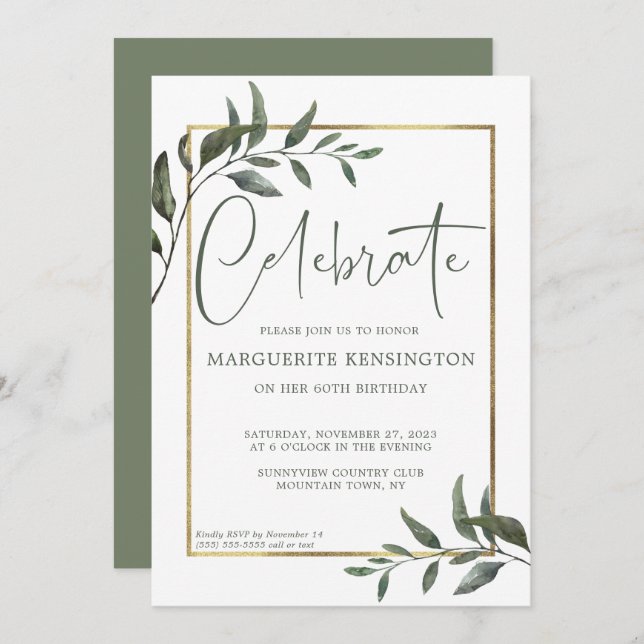 Invitación Elegante Relieve metalizado dorado de Verdor Botán (Anverso / Reverso)