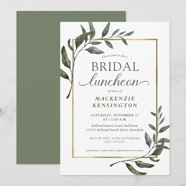 Invitación Elegante Relieve metalizado dorado Eucalyptus Noal (Anverso / Reverso)