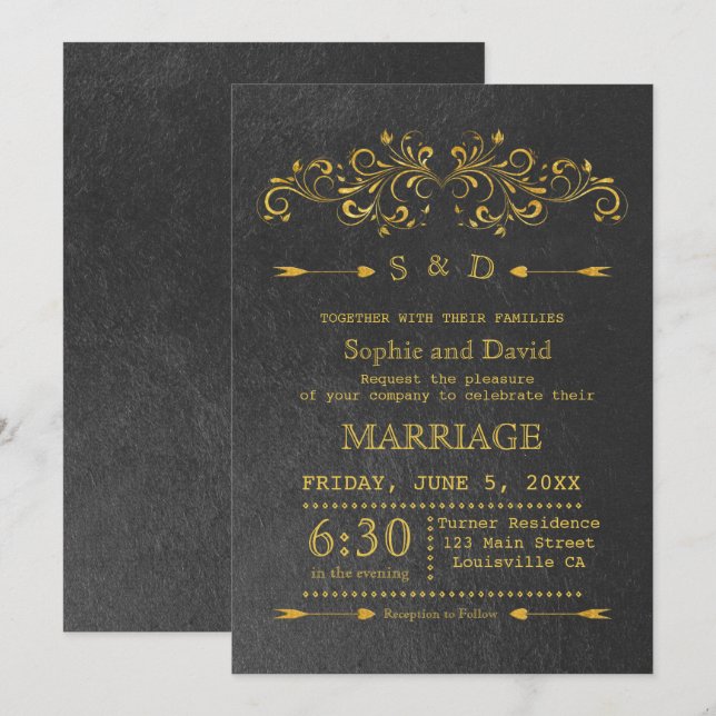 Invitación Elegante Relieve metalizado dorado Floreciente Inv (Anverso / Reverso)