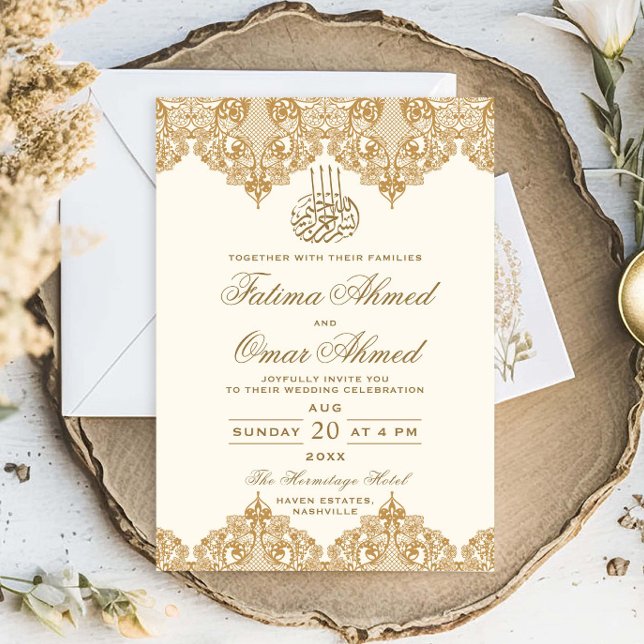 Invitación Elegante Relieve metalizado dorado Lace Ornate Cre (Subido por el creador)