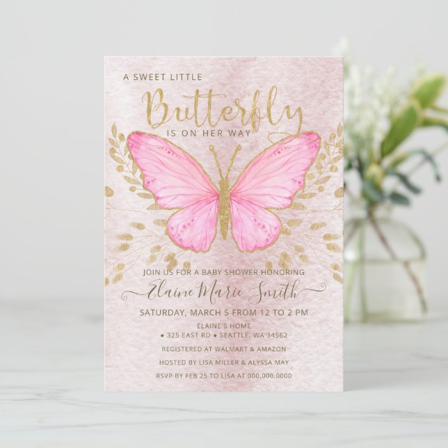 Invitación Elegante Relieve metalizado dorado mariposa rosa B (Anverso de pie)