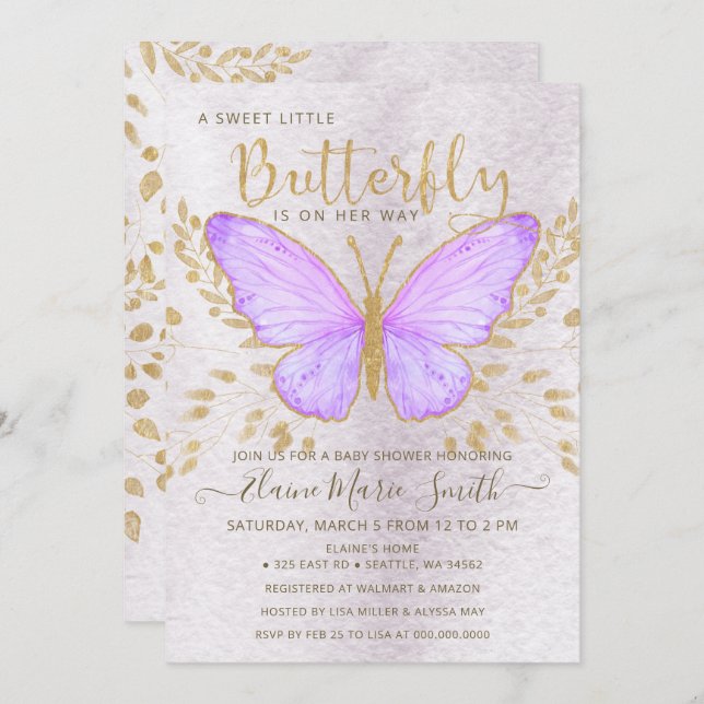 Invitación Elegante Relieve metalizado dorado Morado Mariposa (Anverso / Reverso)