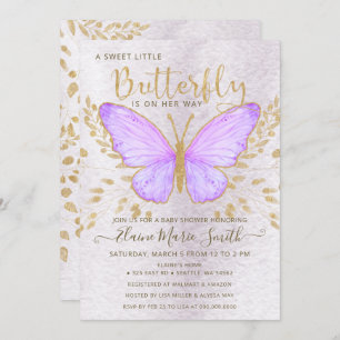 Invitación Elegante Relieve metalizado dorado Morado Mariposa