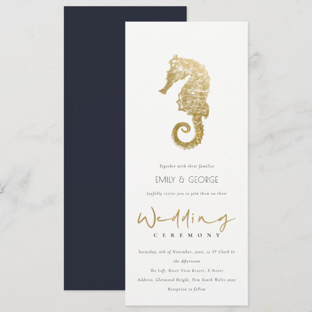 INVITACIÓN ELEGANTE RELIEVE METALIZADO DORADO NAVY SEAHORSE W (Anverso / Reverso)