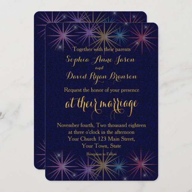 Invitación Elegante Relieve metalizado dorado Purpurina Azul  (Anverso / Reverso)