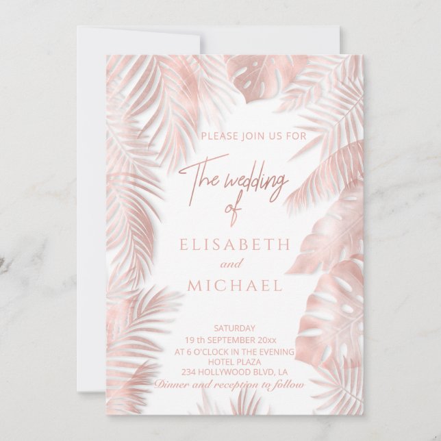Invitación Elegante Relieve metalizado dorado rosa tropical h (Anverso)