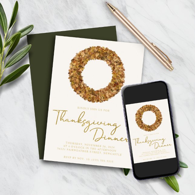 Invitación Elegante Relieve metalizado dorado Rústico de Acci (Elegant Rustic Thanksgiving Fall Wreath Gold Foil Invitation)