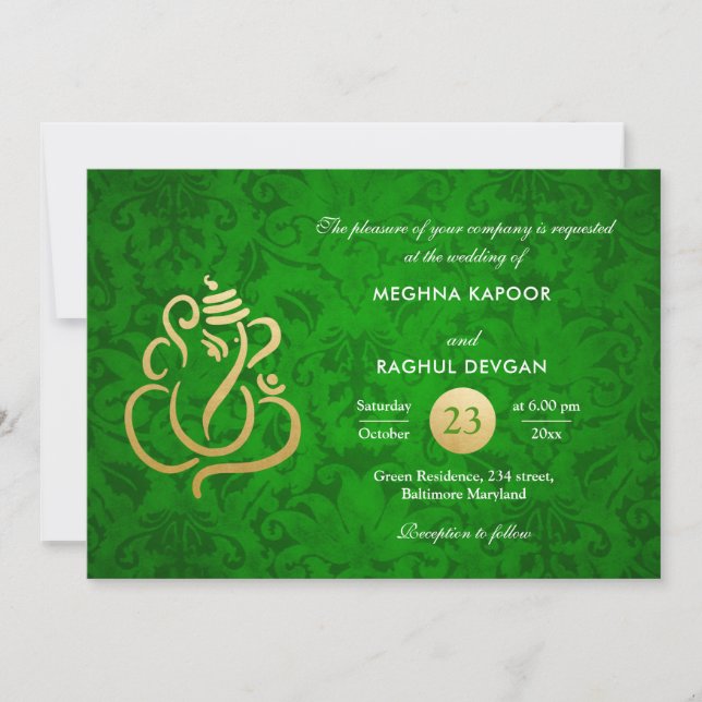 Invitación Elegante Relieve metalizado dorado verde Ganesha D (Anverso)