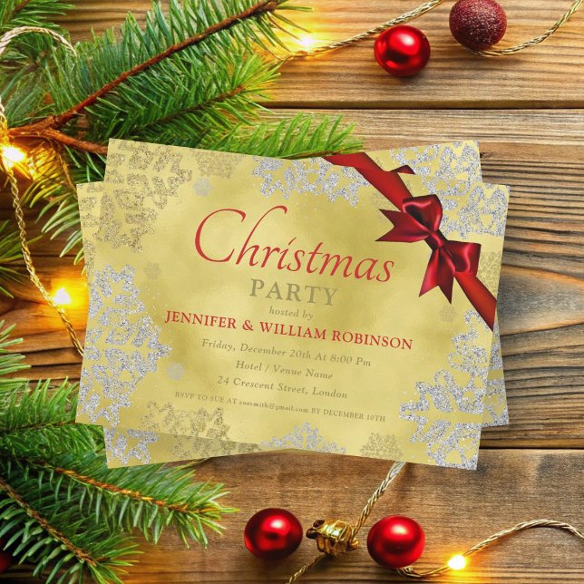 Invitación Elegante Relieve metalizado FAUX Copas de nieve Xm (Elegant FAUX Foil Snowflakes Xmas Holiday Ribbon Invitation)