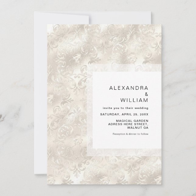 Invitación Elegante Relieve metalizado Floral Marfil Faux Pea (Anverso)