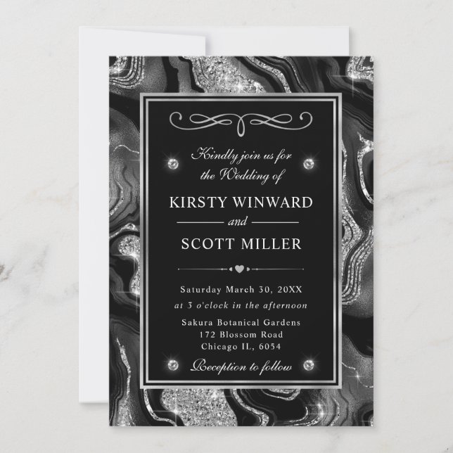 Invitación Elegante Relieve metalizado negro y Purpurina plat (Anverso)