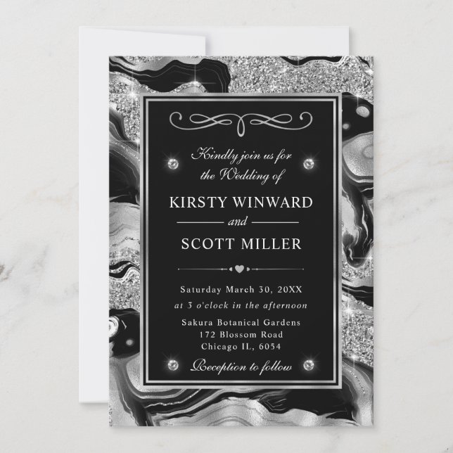 Invitación Elegante Relieve metalizado negro y Purpurina plat (Anverso)