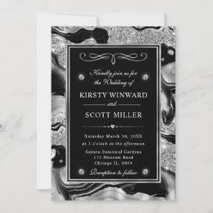 Invitación Elegante Relieve metalizado negro y Purpurina plat