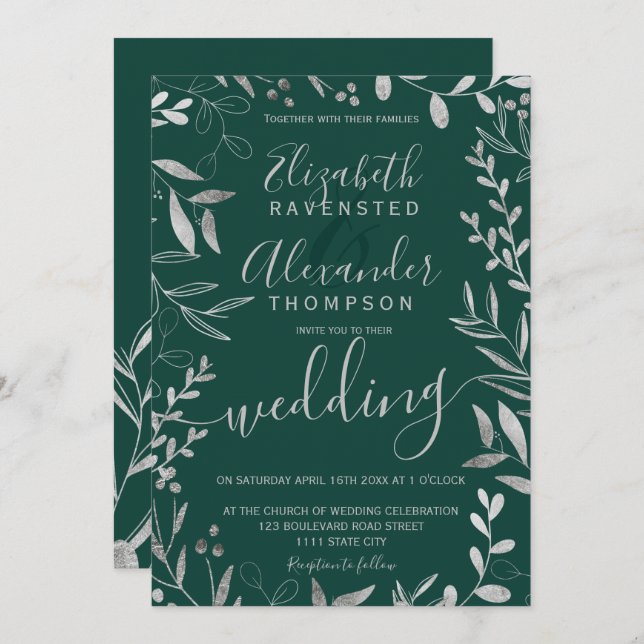Invitación Elegante Relieve metalizado plateado esmeralda ver (Anverso / Reverso)