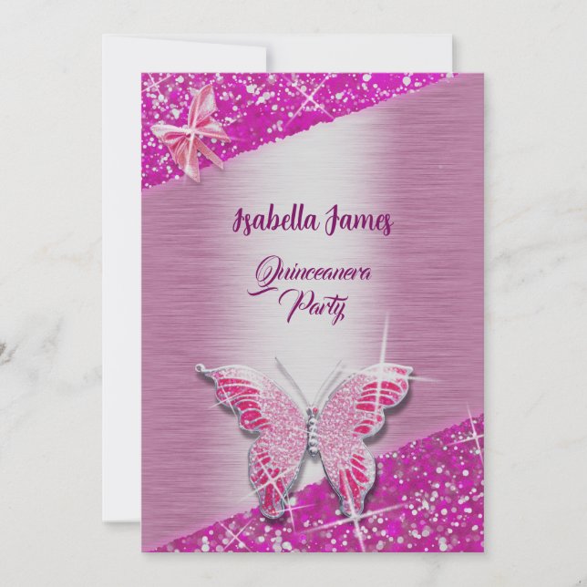 Invitación elegante Relieve metalizado rosa brillante maripos (Anverso)
