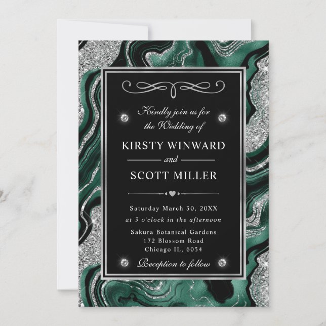 Invitación Elegante Relieve metalizado Verde y Purpurina Plat (Anverso)