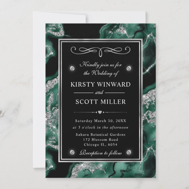 Invitación Elegante Relieve metalizado Verde y Purpurina Plat (Anverso)
