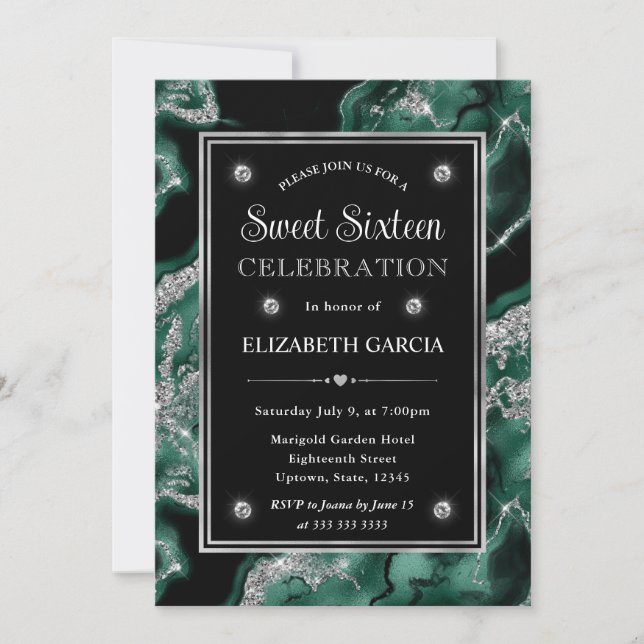 Invitación Elegante Relieve metalizado verde y Purpurina plat (Anverso)