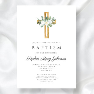 Invitación Elegante Religiosa Blanca Floral Niña Bautizo