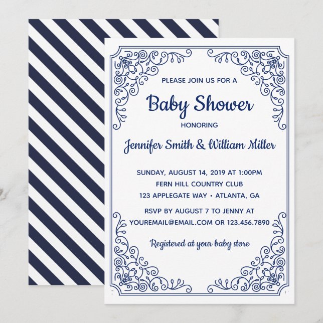 Invitación Elegante remolino azul florido marco Baby Shower (Anverso / Reverso)