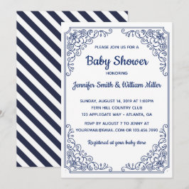 Invitación Elegante remolino azul florido marco Baby Shower
