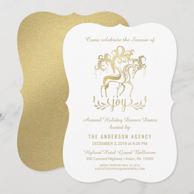 Invitación Elegante reno dorado para fiestas de vacaciones co (Anverso / Reverso)