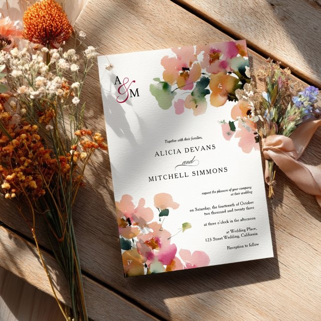 Invitación Elegante Resumen Boda de Monograma Floral Otoño (Elegant Abstract Autumn Floral Monogram Wedding Invitation)