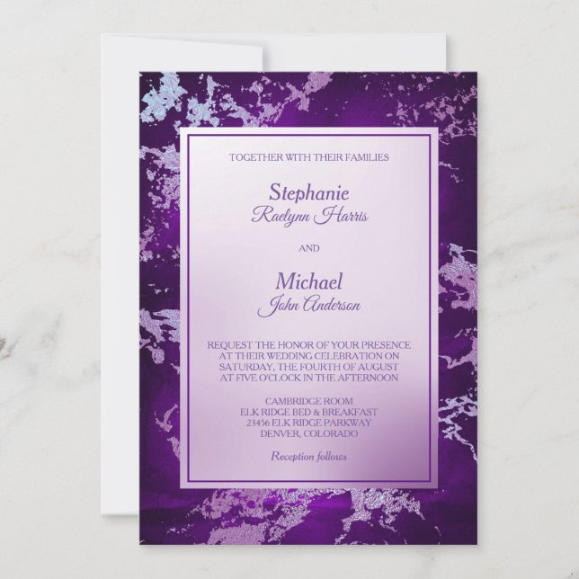 Invitación Elegante Resumen Boda de plata morada fundida (Anverso)