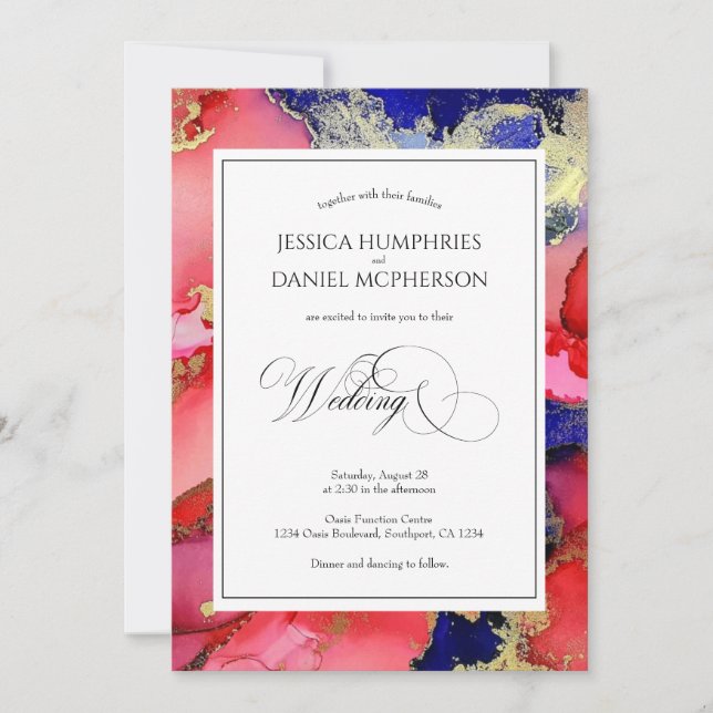 Invitación Elegante Resumen Boda Púrpura Oro Rojo (Anverso)