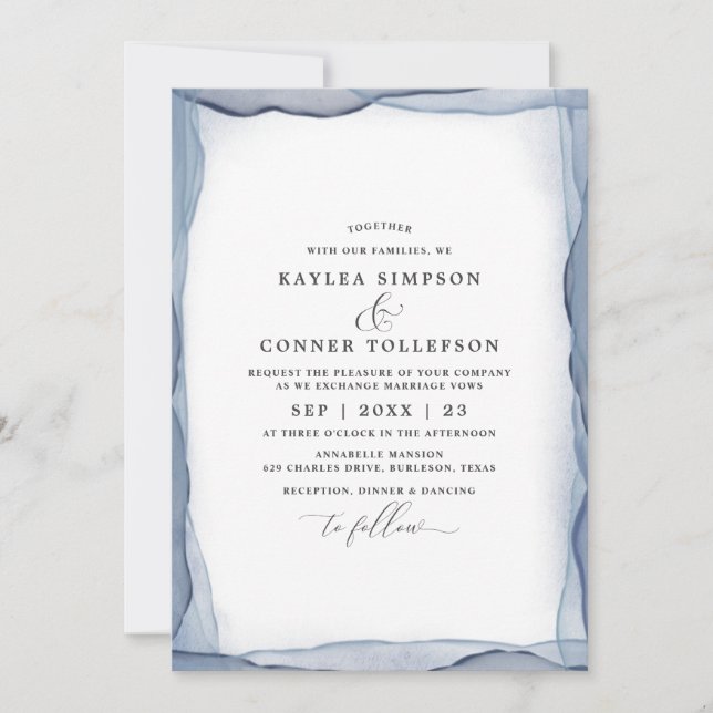 Invitación Elegante Resumen Dusty Azul Boda acuarela (Anverso)