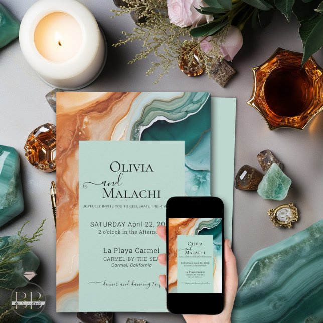 Invitación Elegante Resumen moderno Agate Terracotta Verde az (Choose  printed or digital  or both)