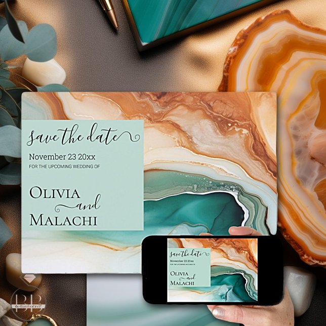 Invitación Elegante Resumen moderno Agate Terracotta Verde az (Get this save the date as Printed and digital )
