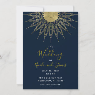 Invitación Elegante Resumen Sol Dorado Mandala Boda Azul