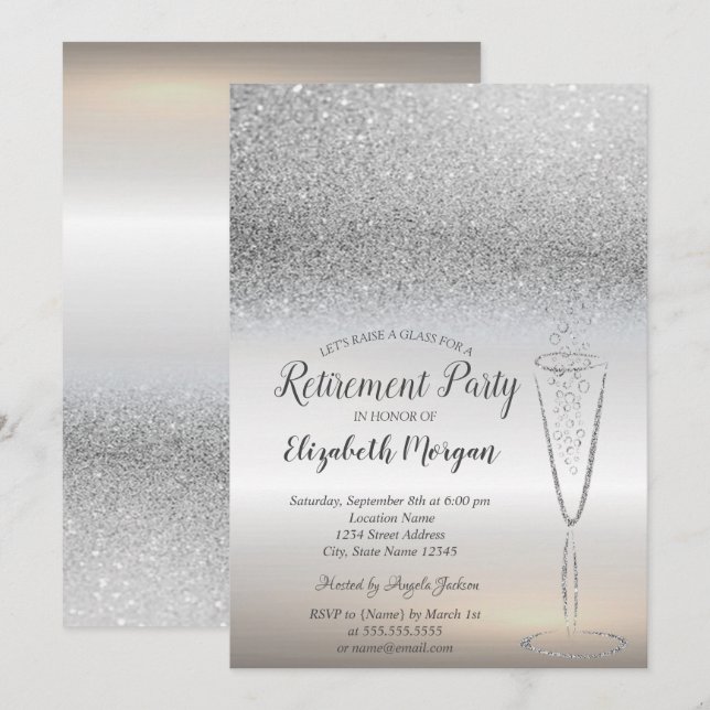 Invitación Elegante retiro Bokeh Purpurina de plata de vidrio (Anverso / Reverso)