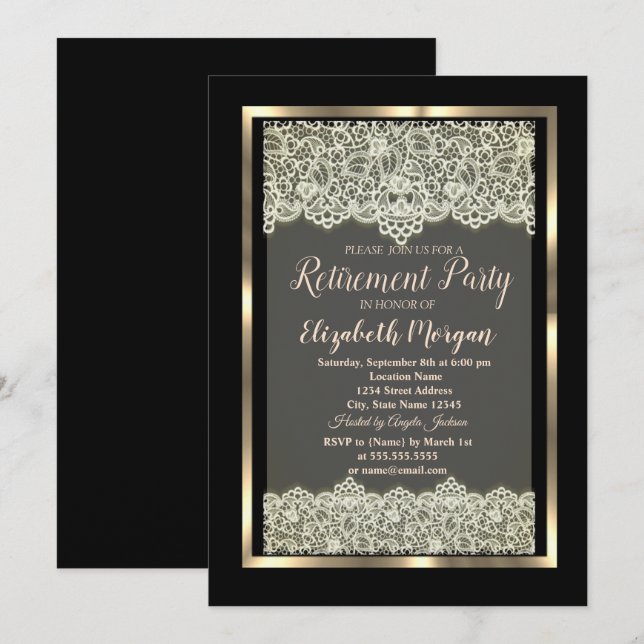 Invitación Elegante retiro de encaje de marco dorado (Anverso / Reverso)