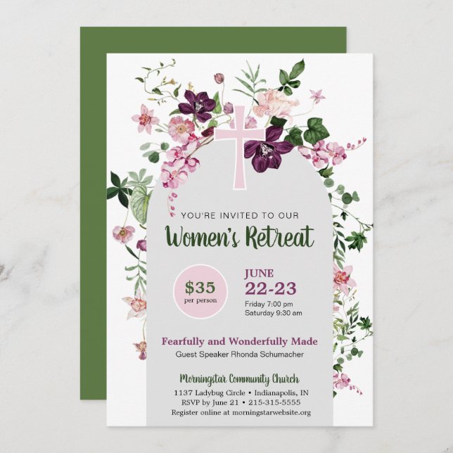 Invitación Elegante retiro de iglesia de mujeres con flores r (Anverso / Reverso)