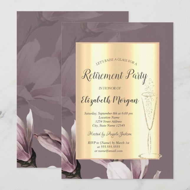 Invitación Elegante retiro de la Magnolia de Vino de Oro (Anverso / Reverso)
