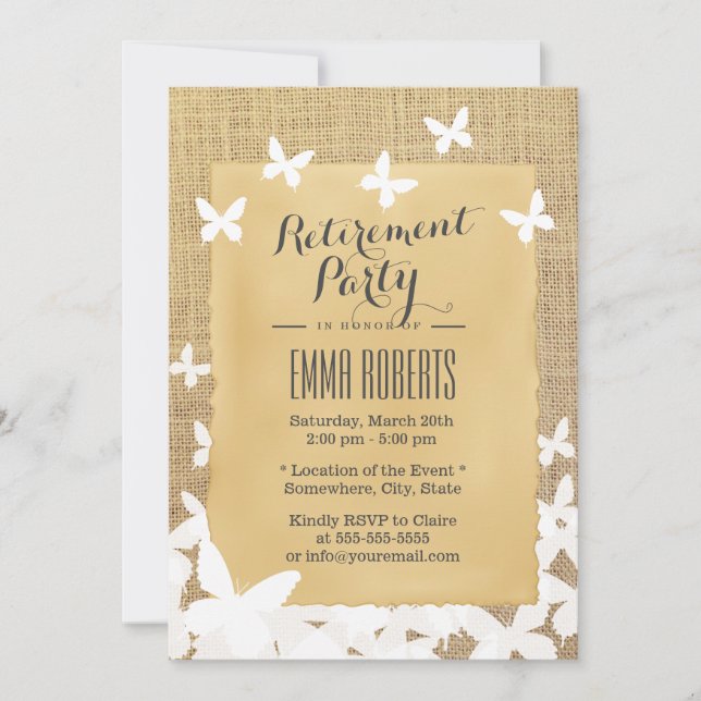 Invitación Elegante retiro de las mariposas voladoras Burlap (Anverso)