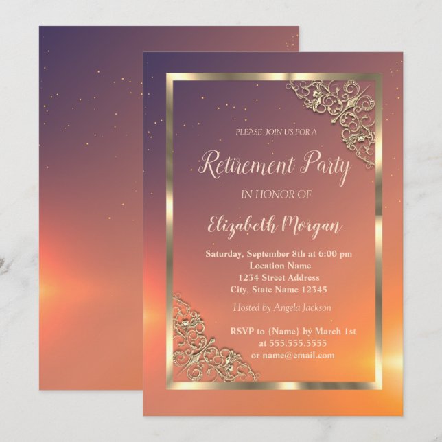 Invitación Elegante retiro de marco de oro festivo (Anverso / Reverso)