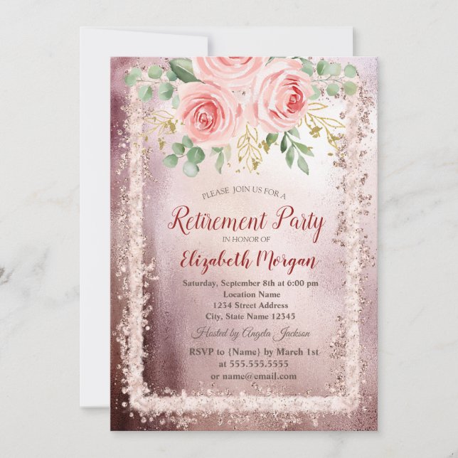 Invitación Elegante retiro de marco Purpurina floral rosa (Anverso)