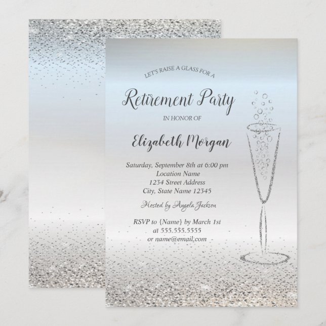 Invitación Elegante retiro de plata de confeti de plata (Anverso / Reverso)