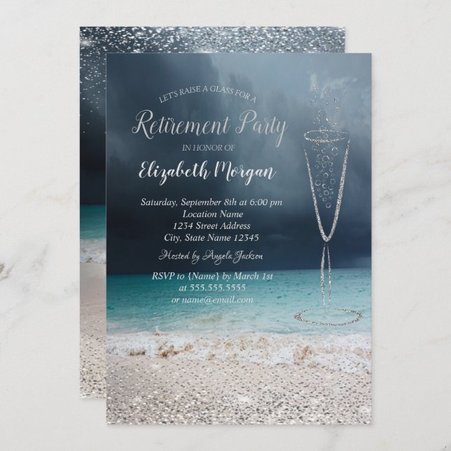 Invitación Elegante retiro de playa de cristal de confetti pl (Anverso / Reverso)