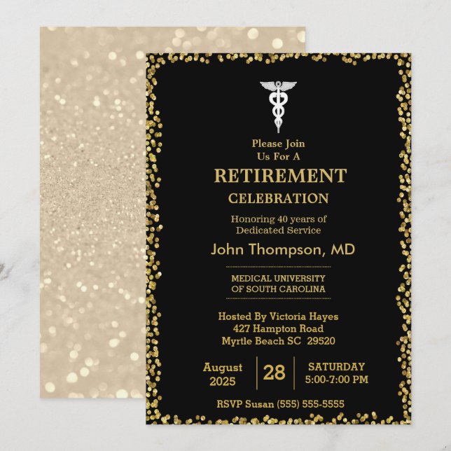Invitación Elegante retiro Médica de luces negras y doradas (Anverso / Reverso)