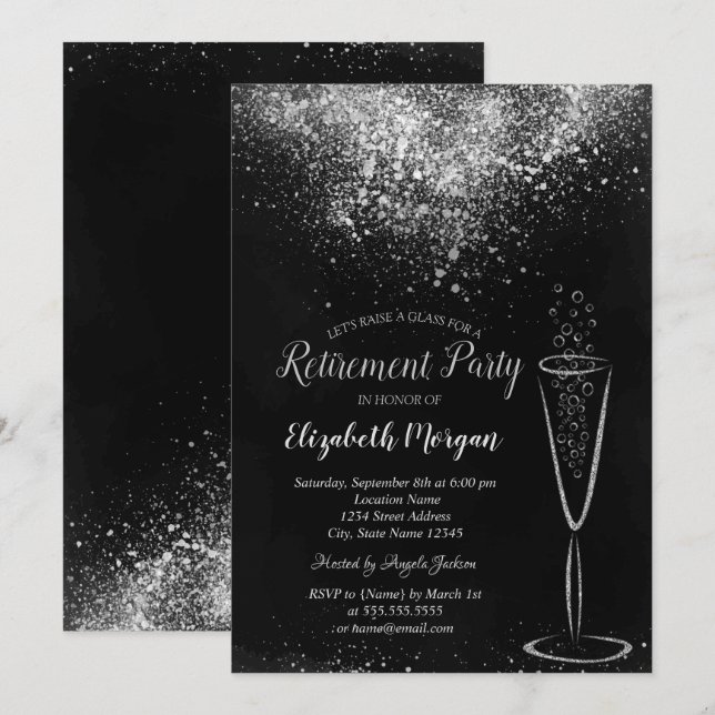 Invitación Elegante retiro negro de cristal de confetti plate (Anverso / Reverso)