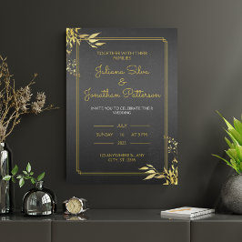 Invitación Elegante retrato de boda vintage en negro y dorado