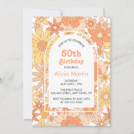 Invitación Elegante retro Naranja Peach Flora 50 cumpleaños
