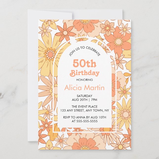 Invitación Elegante retro Naranja Peach Flora 50 cumpleaños (Anverso)